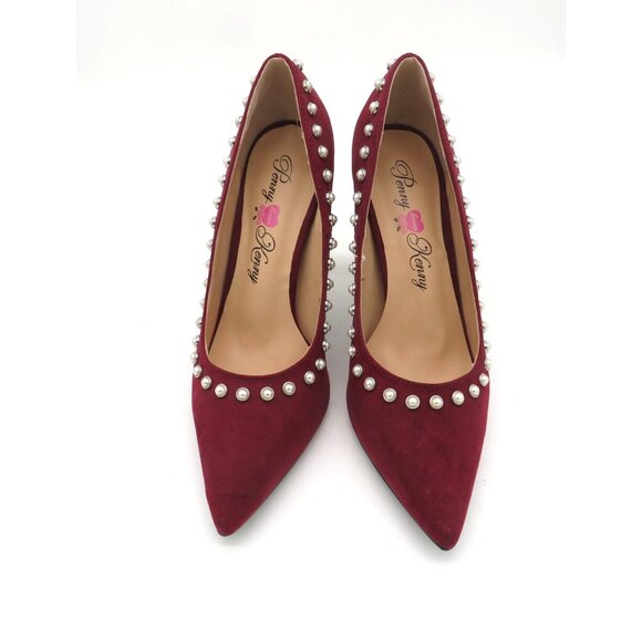 Penny Loves Kenny Burgundy Pearl-Studded Pointed Toe Heels Size 9.5 NEW - Picture 2 of 9